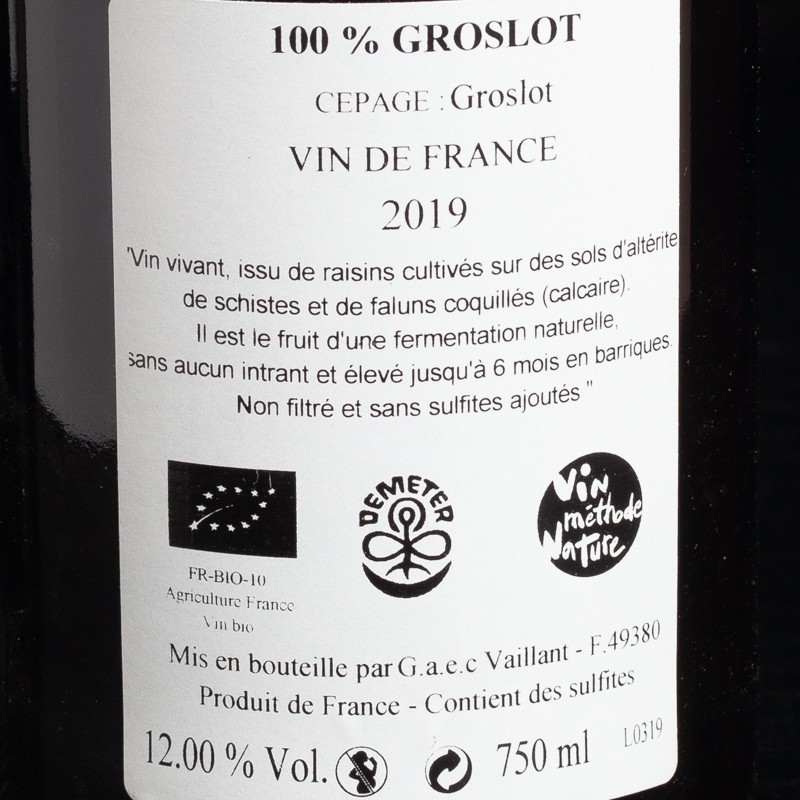 Vin rouge de France 100% Groslot 2019 Domaine Les Grandes vignes 75cl  Vins rouges