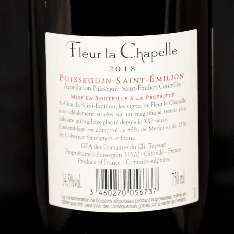 Vin rouge Puisseguin Saint Émilion Fleur la Chapelle 2018 Domaine Teyssier 75cl  Vins rouges