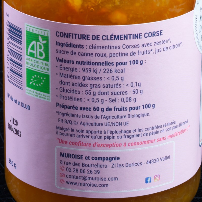Confiture clémentine de Corse bio 350g Muroise  Confitures