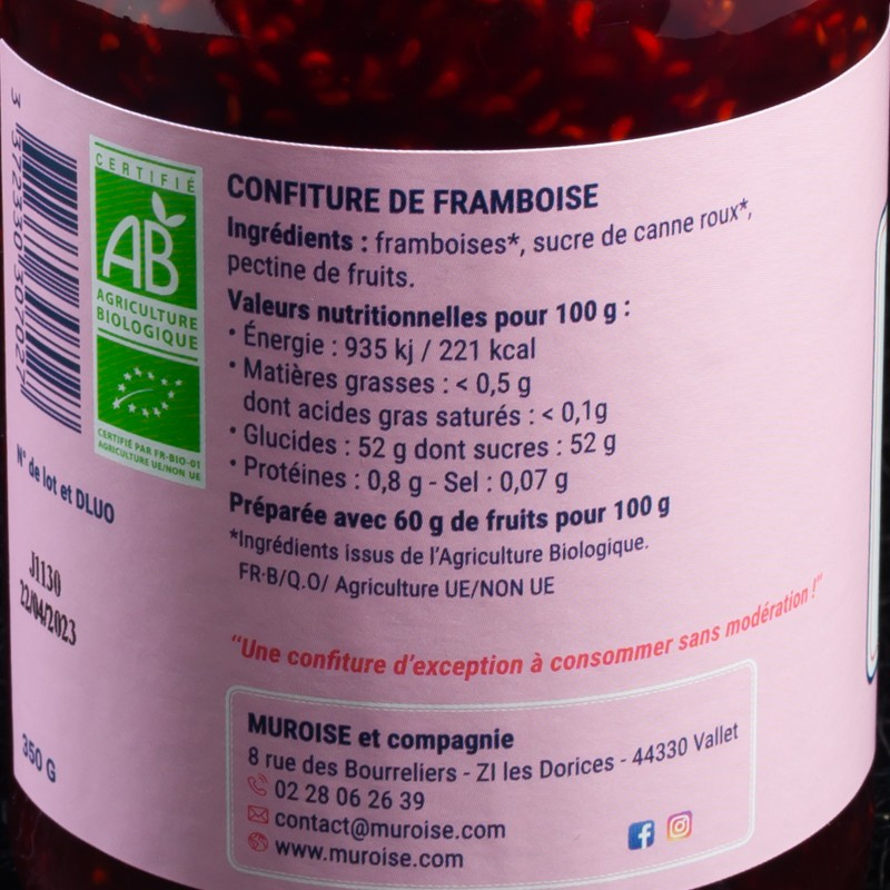 Confiture framboise bio 350g Muroise  Confitures