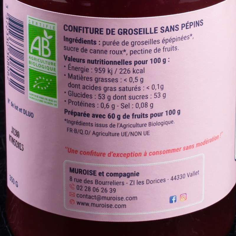 Confiture groseille sans pépins 350g Muroise  Confitures