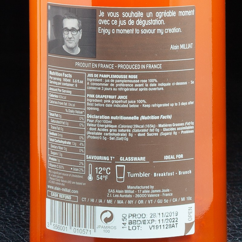 Jus de pamplemousse rose 1L Alain Milliat  Jus de fruits