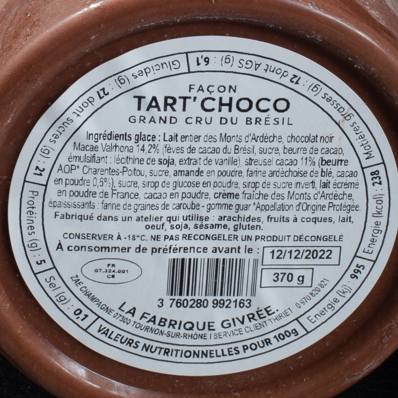 Glace tart'choco noir grand cru du Brésil La Fabrique Givrée 500ml  Glaces en pots