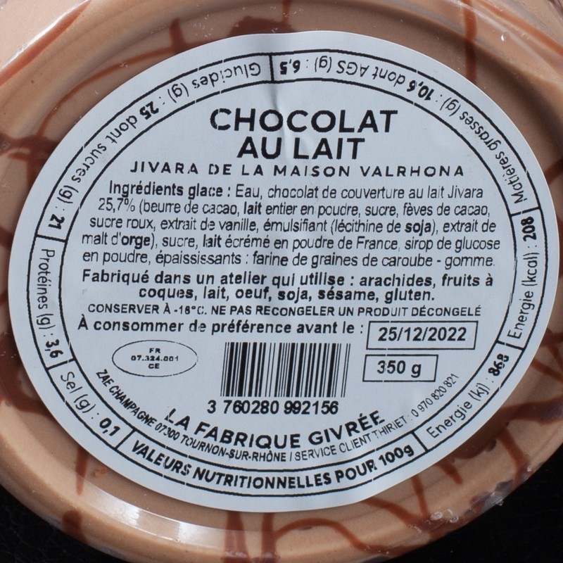 Glace chocolat au lait La Fabrique Givrée 500ml  Glaces en pots