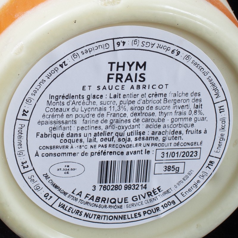Glace thym frais sauce abricot La Fabrique Givrée 500ml  Glaces