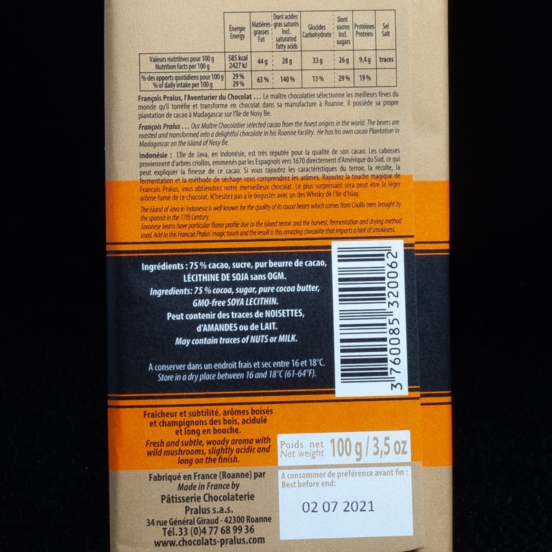Chocolat noir Indonésie 75% 100g Pralus  Tablettes de chocolat