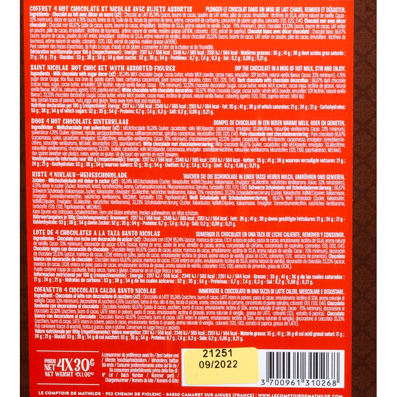 Coffret 4 hot chocolate Saint-Nicolas Le comptoir de Mathilde 120g  Préparations pour boissons chaudes
