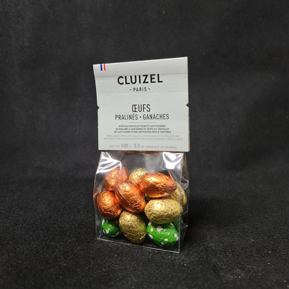 Sachet œufs chocolat au lait et noir pralinés ganaches Michel Cluizel 100g