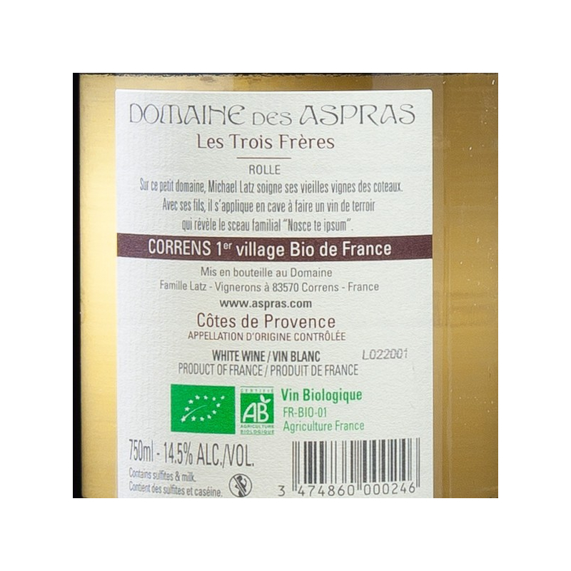 Vin blanc Côtes de Provence Les 3 Frères 2019 Domaine des Aspras 75cl  Vins blancs