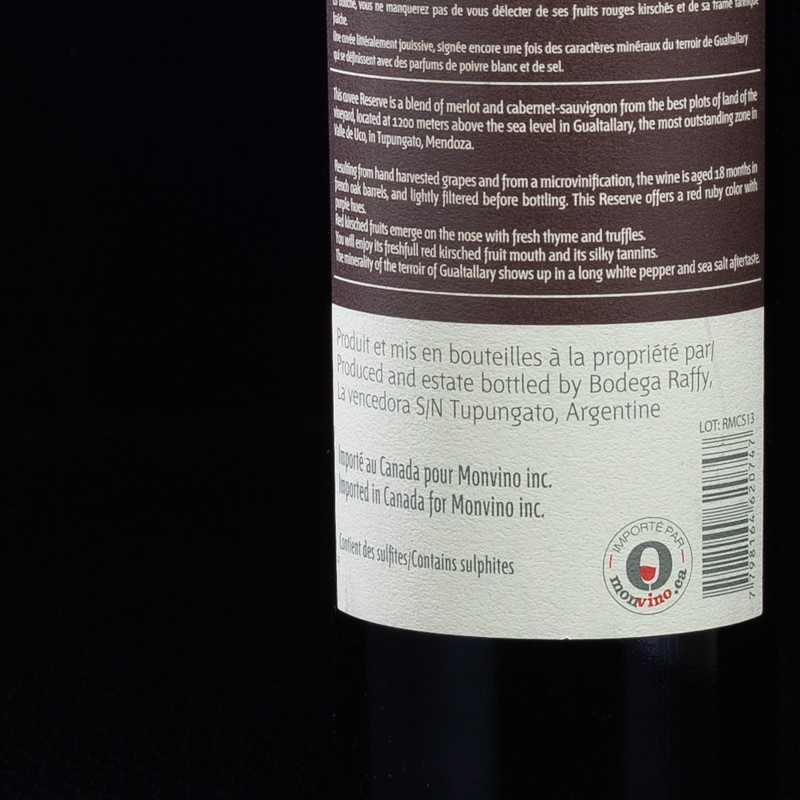 NPT - Vin rouge Argentin 2013 Réserve Cabernet Sauvignon -Merlot Domaine Raffy 75cl  Accueil