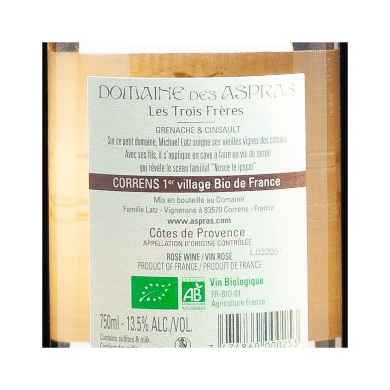 Côtes de Provence Rosé "Les 3 Fréres "Domaine des Aspras 2019 75cl  Vins rosés