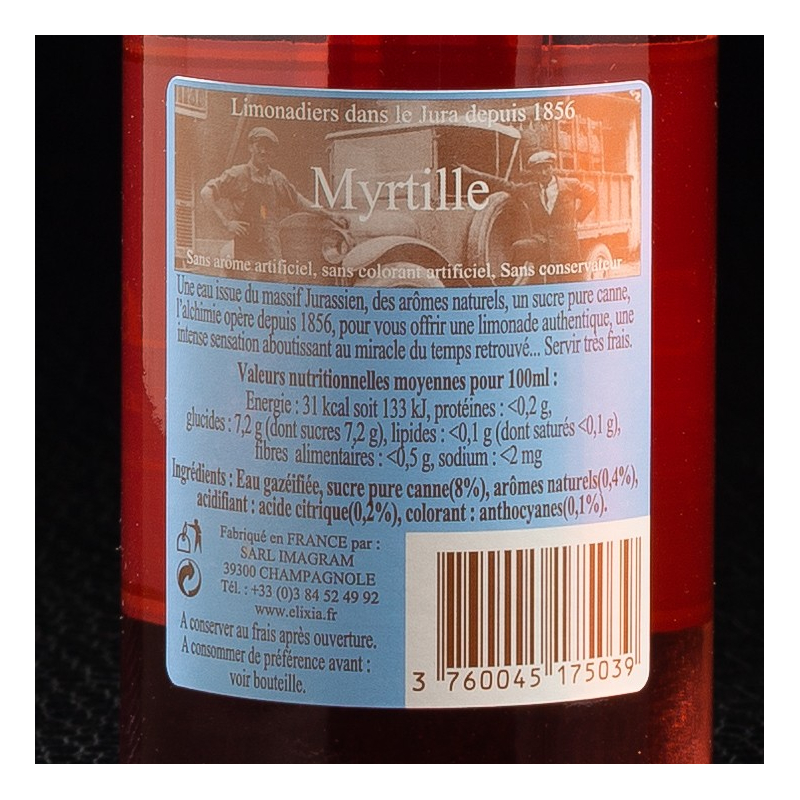 Limonade myrtille 33cl Elixia  Limonades, limes et tonics