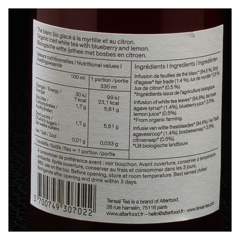 Thé blanc myrtille 33cl Tensaï Tea  Thés glacés