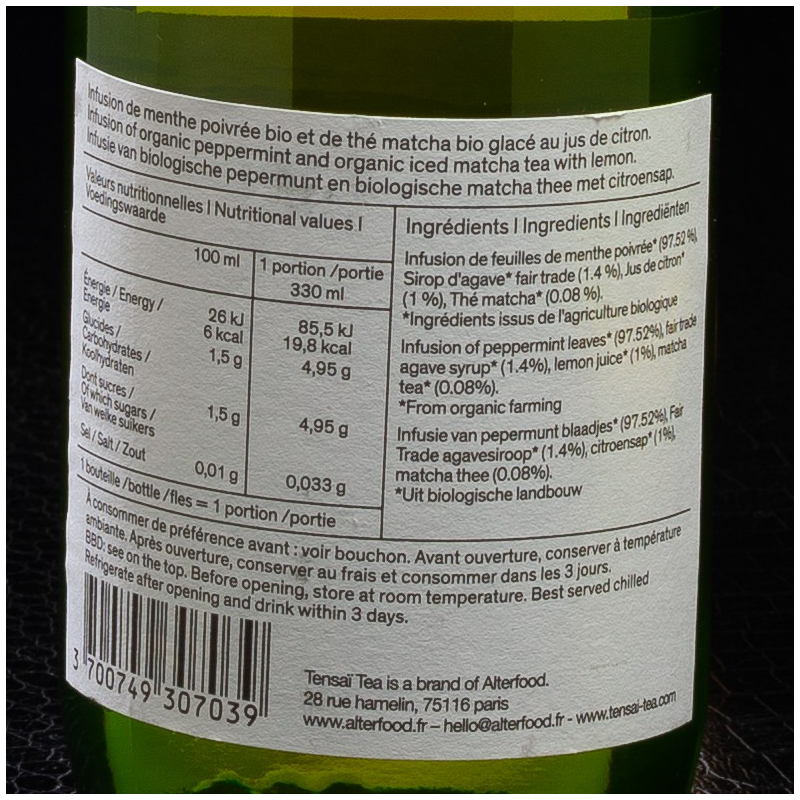 Thé matcha menthe poivrée 33cl Tensaï Tea  Thés glacés