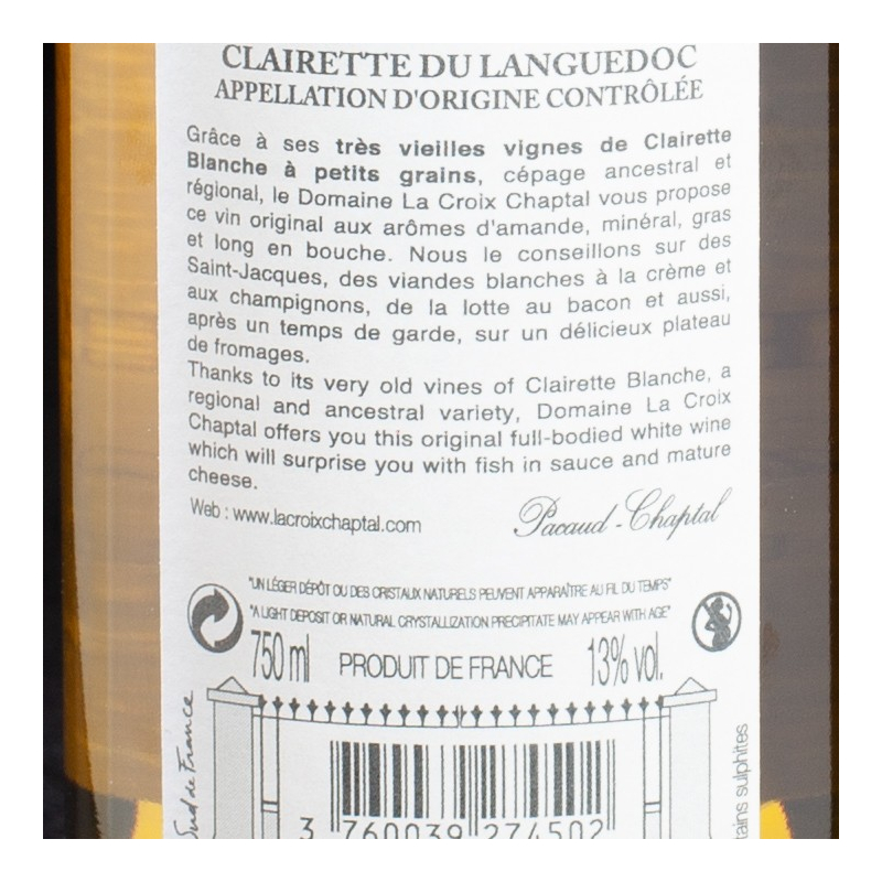 Vin blanc Clairette Blanche 2016 Domaine de la Croix Chaptal 75 cl  Vins blancs