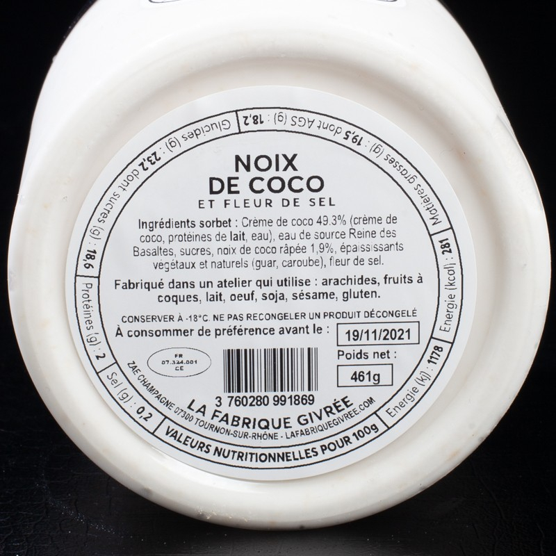 Glace noix de coco fleur de sel La fabrique Givrée 600ml  Glaces en pots