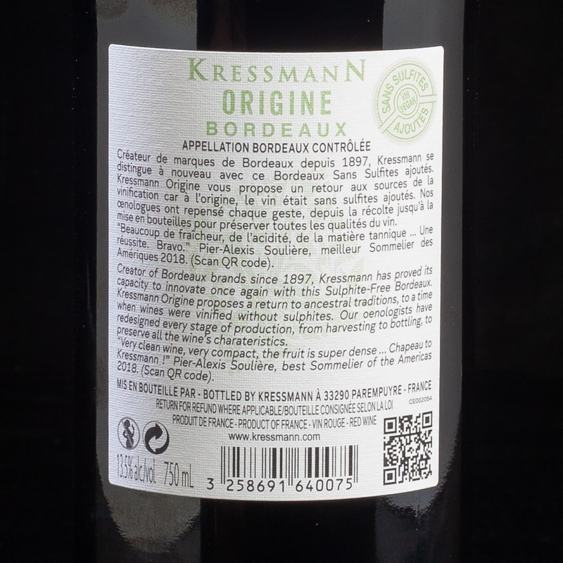 Bordeaux rouge 2018 Origine 75CL Kressman  Vins rouges