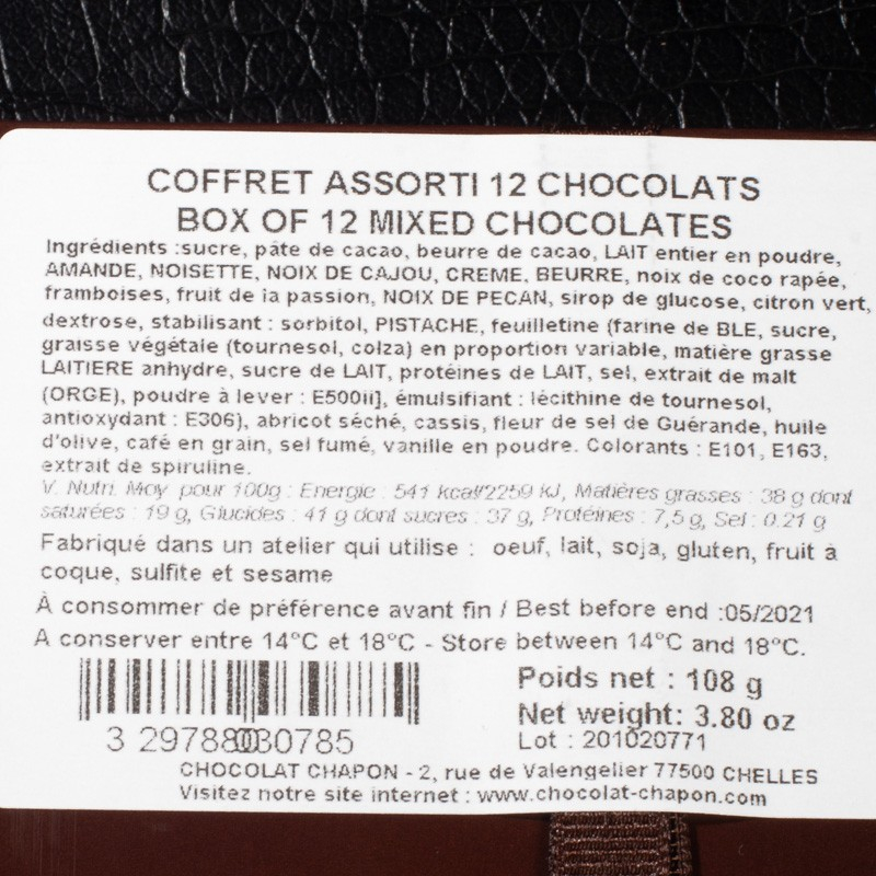 Coffret assortiment 12 chocolats 108g Chapon  Coffret de chocolat