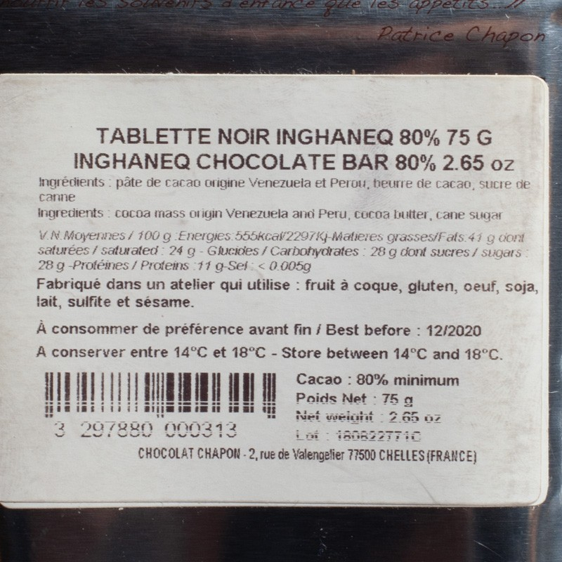 Tablette chocolat noir Inghaneq 80% 75g Chapon  Tablettes de chocolat