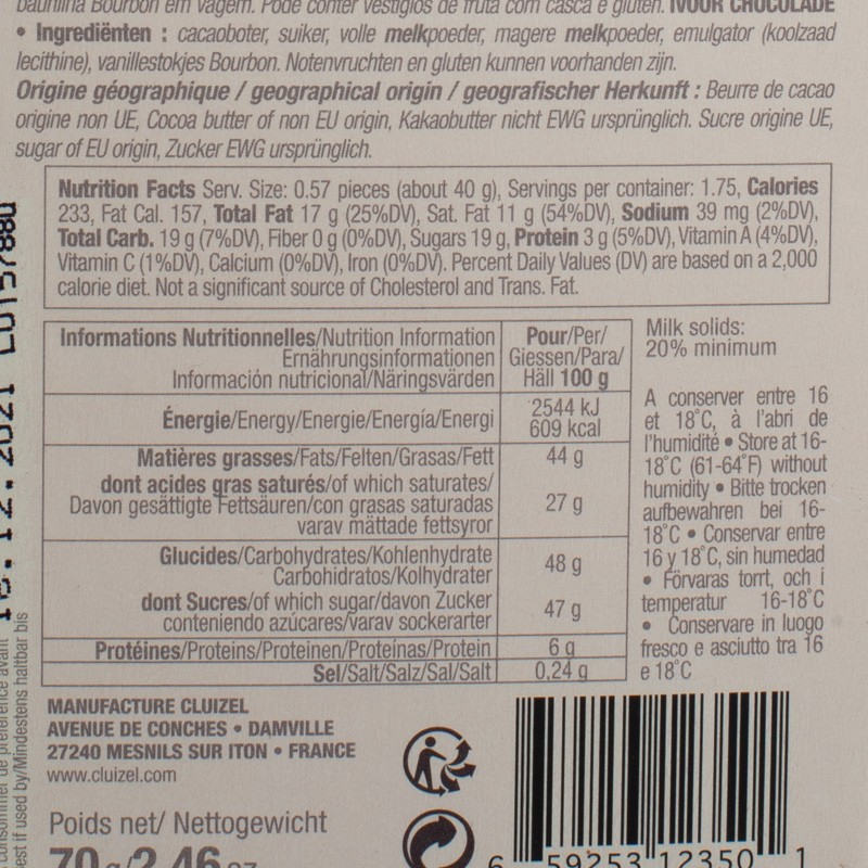 Tablette chocolat blanc 36% grand Ivoire 70g Michel Cluizel  Tablettes de chocolat