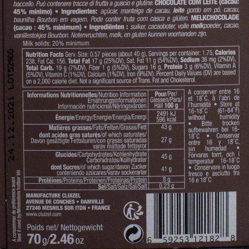 Tablette chocolat au lait 45% 70g Michel Cluizel  Tablettes de chocolat