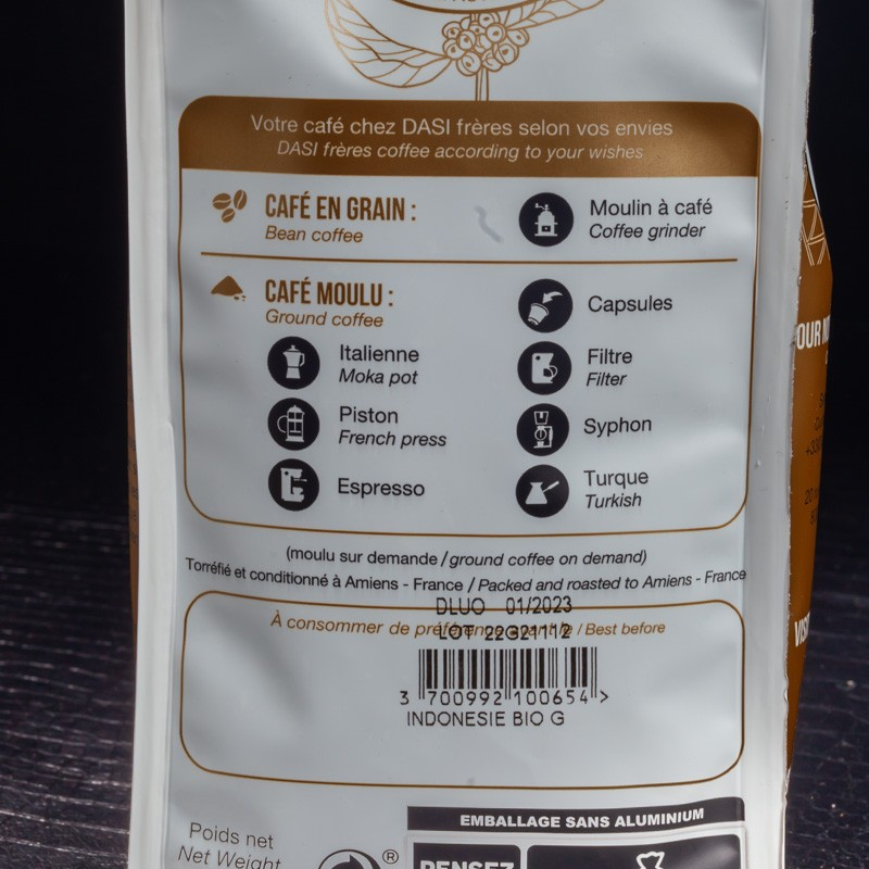 Indonésie café bio grains 250g Dasi Frères  Grains