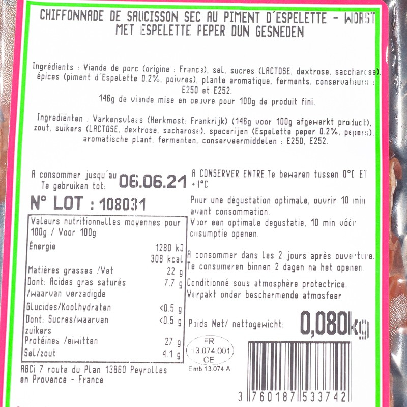 Saucisson sec au piment d'Espelette en chiffonnade Frais Devant 80g