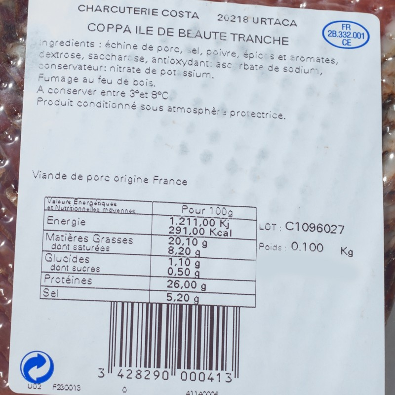 Coppa Corse tranché Charcuterie Costa 100g
