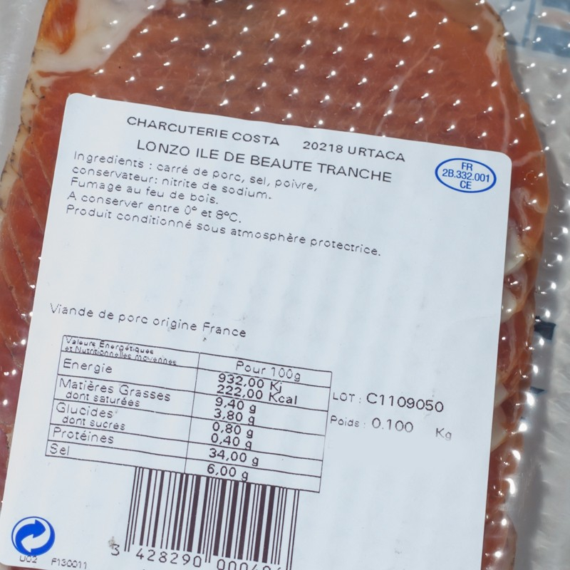 Lonzu Corse tranché Charcuterie Costa 100g