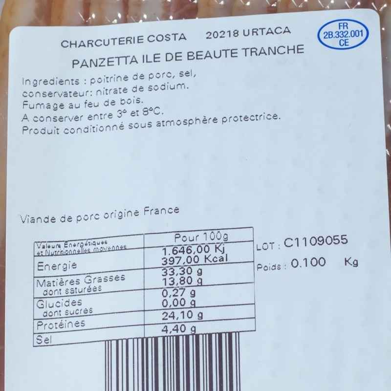 Panzetta Corse tranché Charcuterie Costa 100g