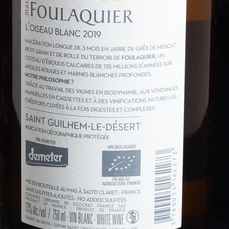 Vin blanc Mas Foulaquier L'Oiseau blanc 2019 Domaine Saint-Guilhem-Le-Désert 75cl  Vins blancs