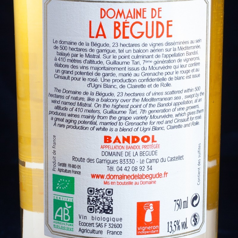 Vin blanc Bandol 2019 Domaine de la Bégude 75cl  Accueil
