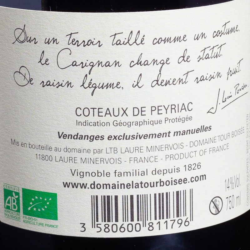 Coteaux Peyrac Carignan 2020 Vieilles Vignes 75CL Domaine Tour Boisée  Vins rouges