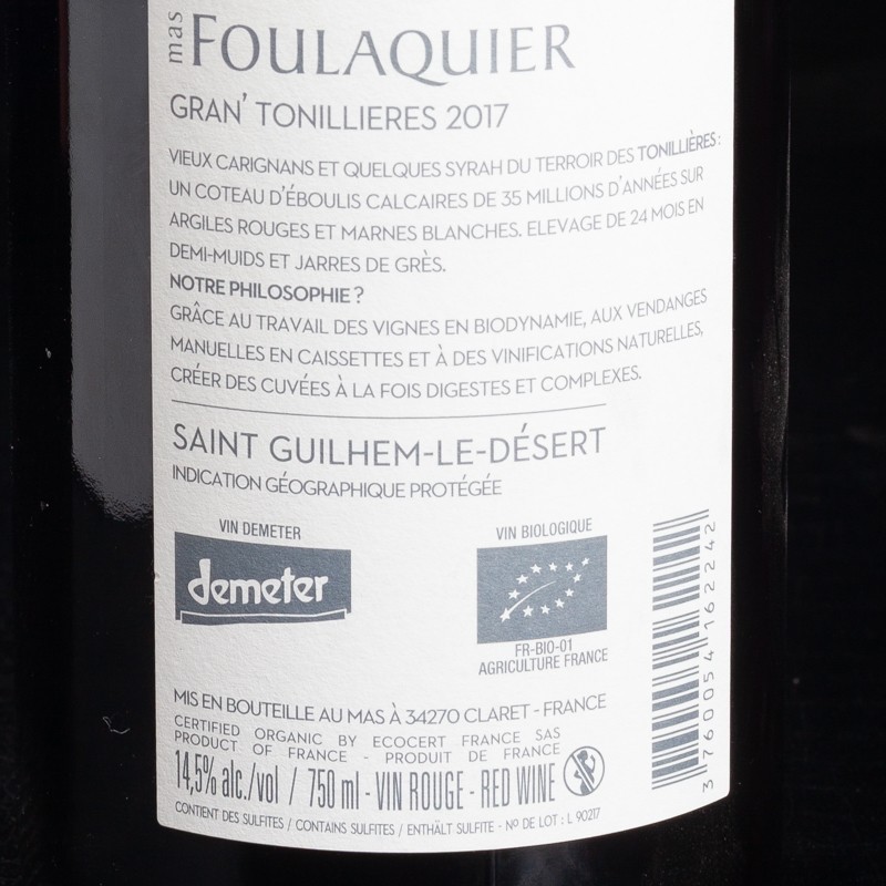 Vin rouge Gran Tonillieres Saint-Guilhem-le-Désert 2017 Domaine Mas Foulaquier 70cl  Vins rouges