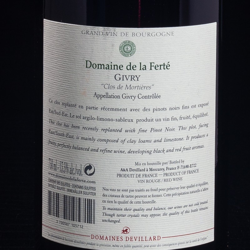 Vin rouge Givry Clos de Mortières 2018 Domaine de la Ferté 75cl  Vins rouges