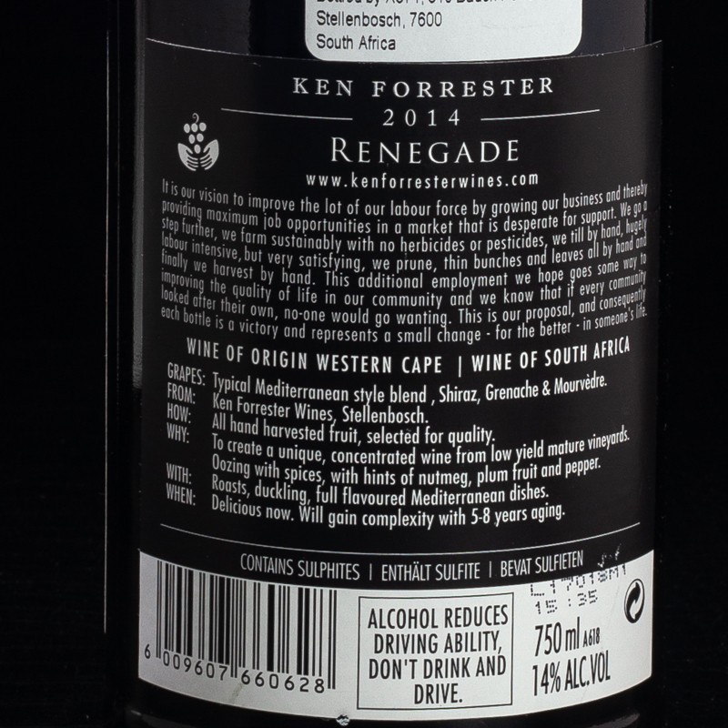 Vin rouge Renegate 2016 Domaine Ken Forrester 75cl  Vins rouges