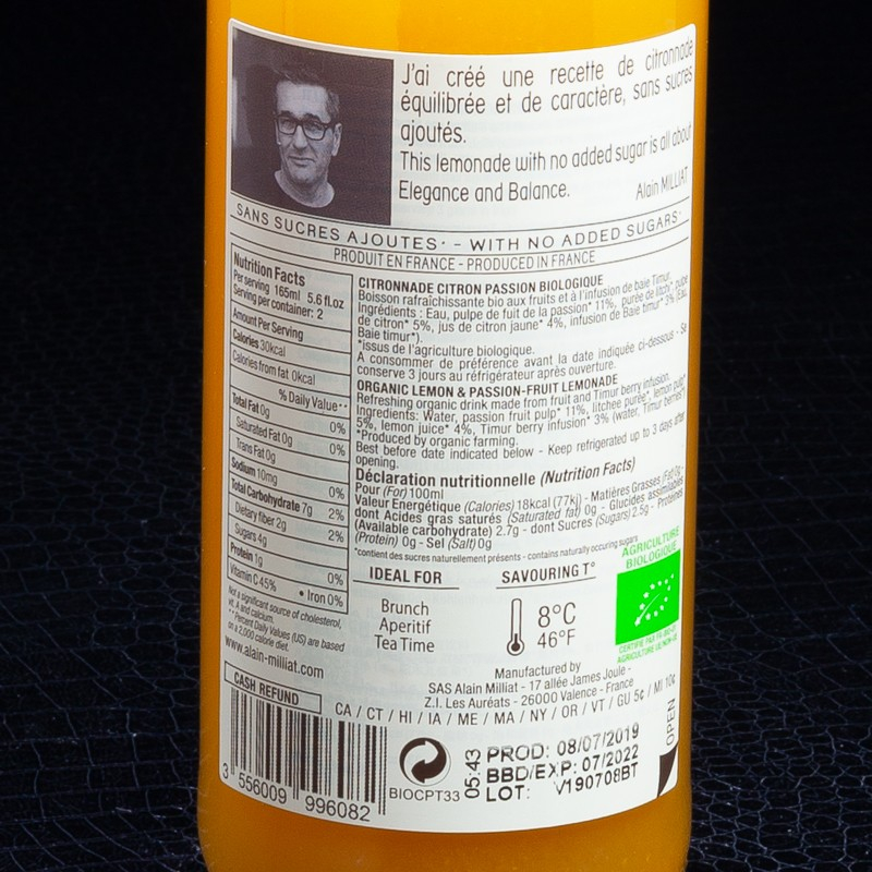 Citronnade bio passion citron 33cl Alain Milliat  Jus de fruits