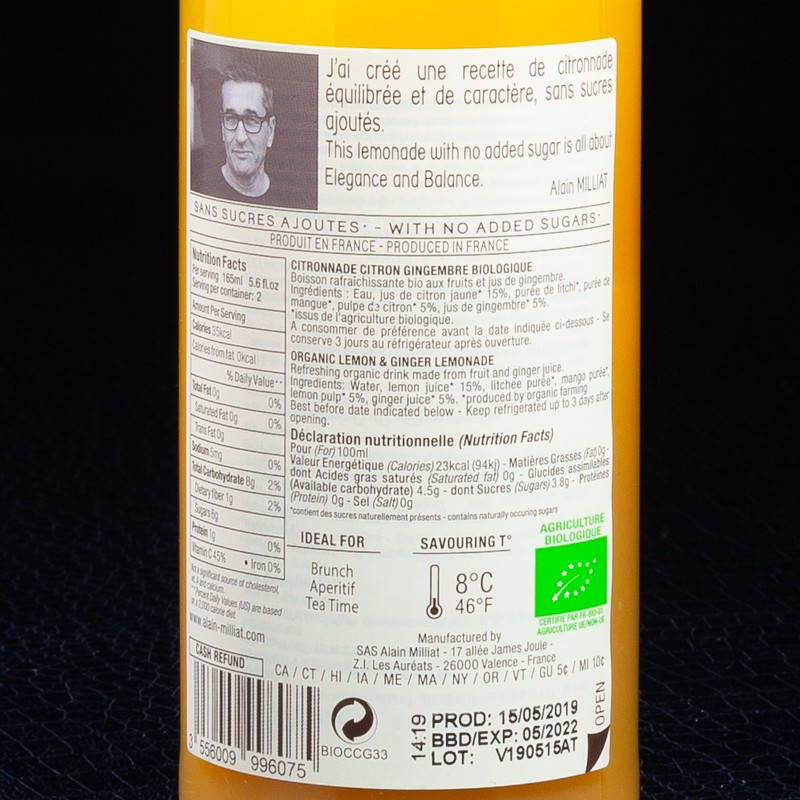 Citronnade bio citron gingembre 33cl Alain Milliat  Jus de fruits