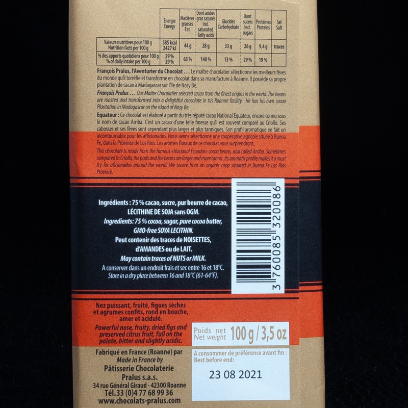 Chocolat noir Equateur 75% 100g Pralus  Tablettes de chocolat