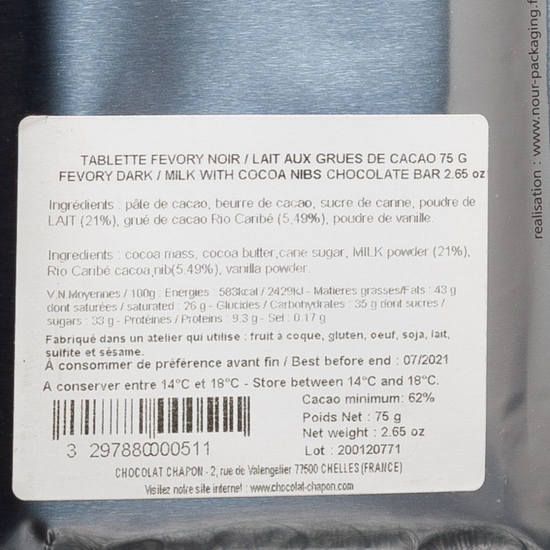 Chapon Fevory lait et noir grué de cacao 75g  Tablettes de chocolat