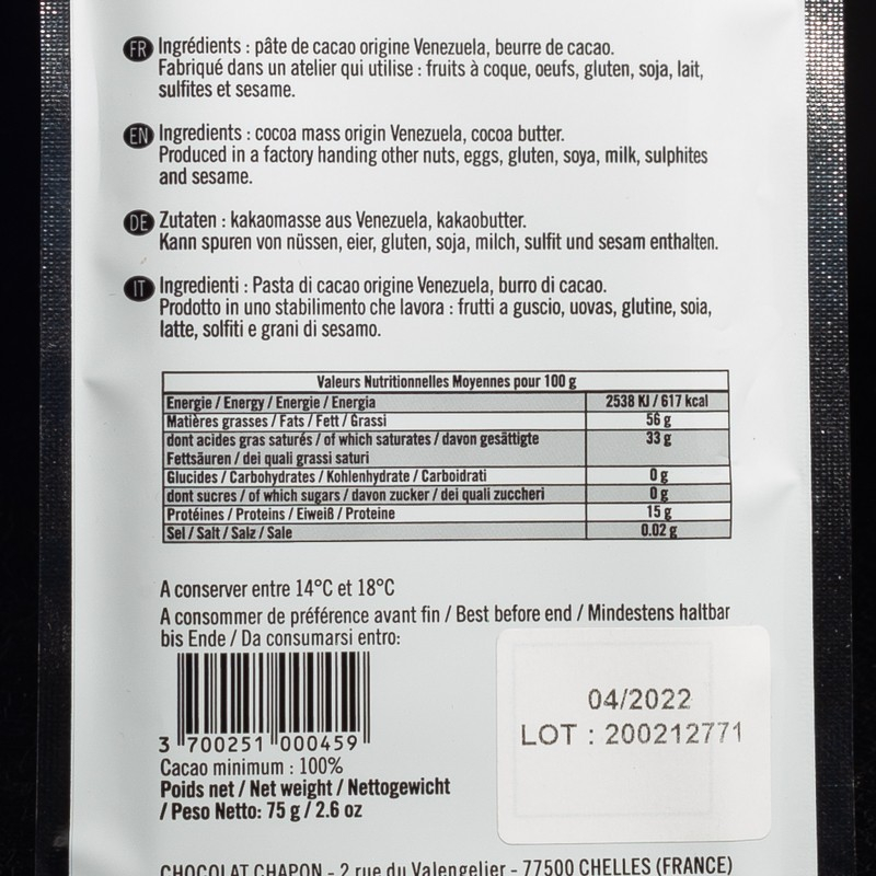 Tablette noir Venezuela Rio Caribe 100% 75g Chapon  Tablettes de chocolat