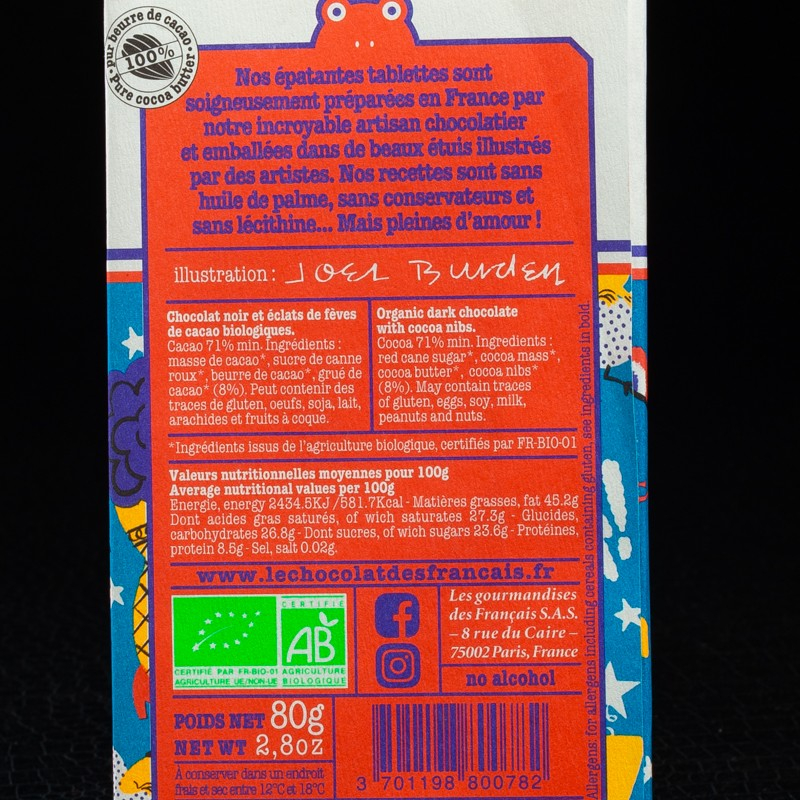 Chocolat noir 71% éclats de fèves de cacao 80g Le Chocolat des Français  Tablettes de chocolat