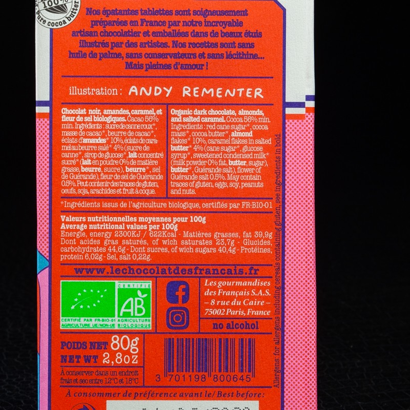 Chocolat noir 56% amandes caramel sel de Guérande 80g Le Chocolat des Français  Tablettes de chocolat