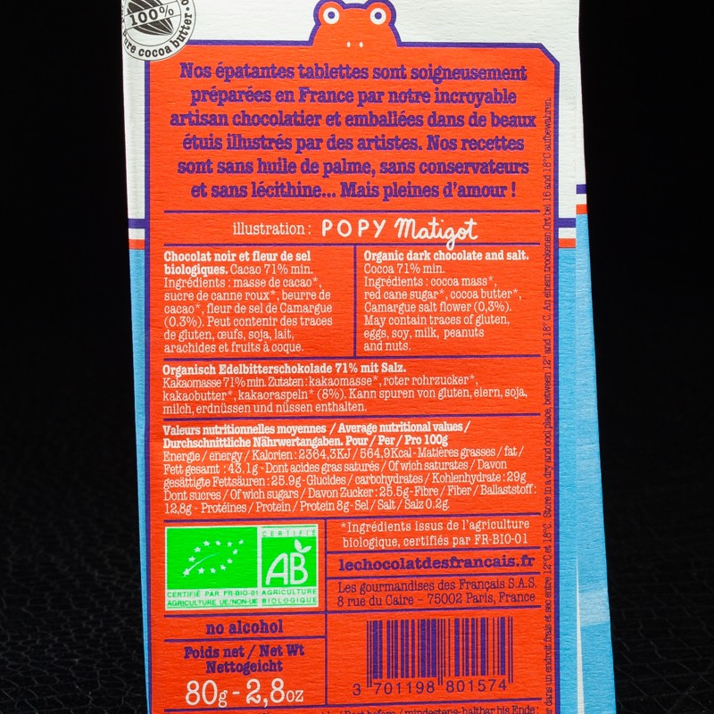 Chocolat noir 71% sel de Camargue 80g Le Chocolat des Français  Tablettes de chocolat