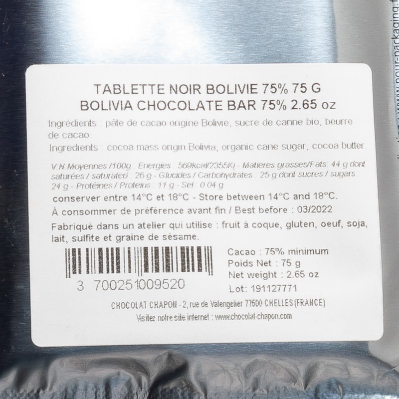 Tablette noir Bolivie beni 75% 75g Chapon  Epicerie sucrée