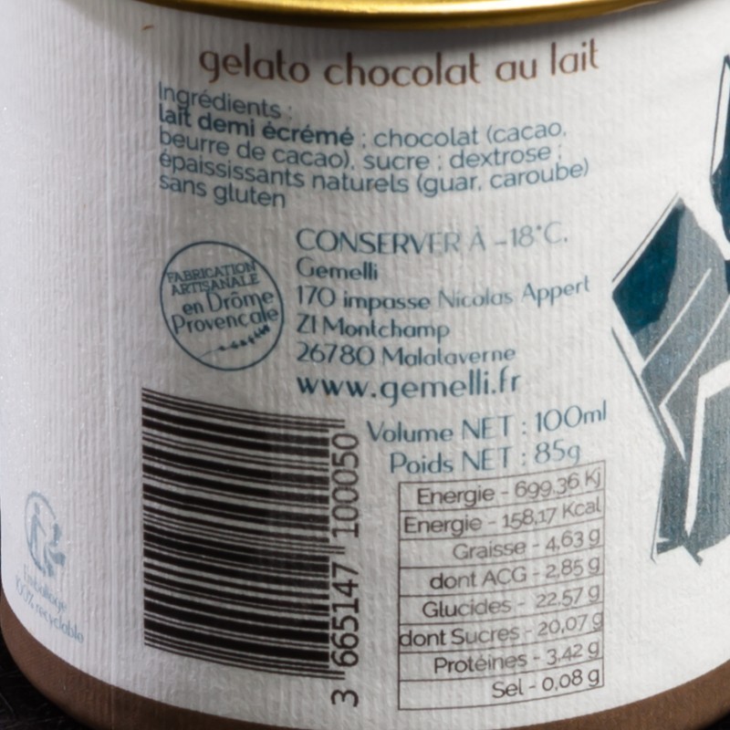 Glace chocolat au lait Gemelli 100ml  Glaces