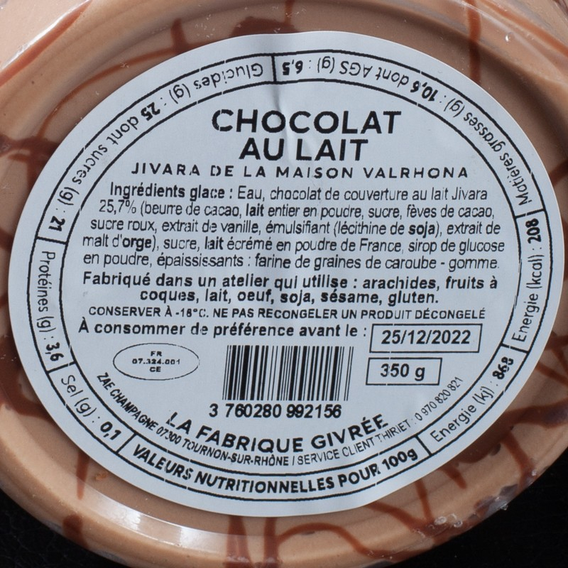 Glace chocolat au lait La Fabrique Givrée 500ml  Glaces en pots