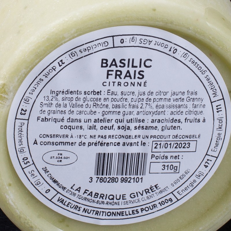 Glace basilic frais citronné La Fabrique Givrée 500ml  Glaces