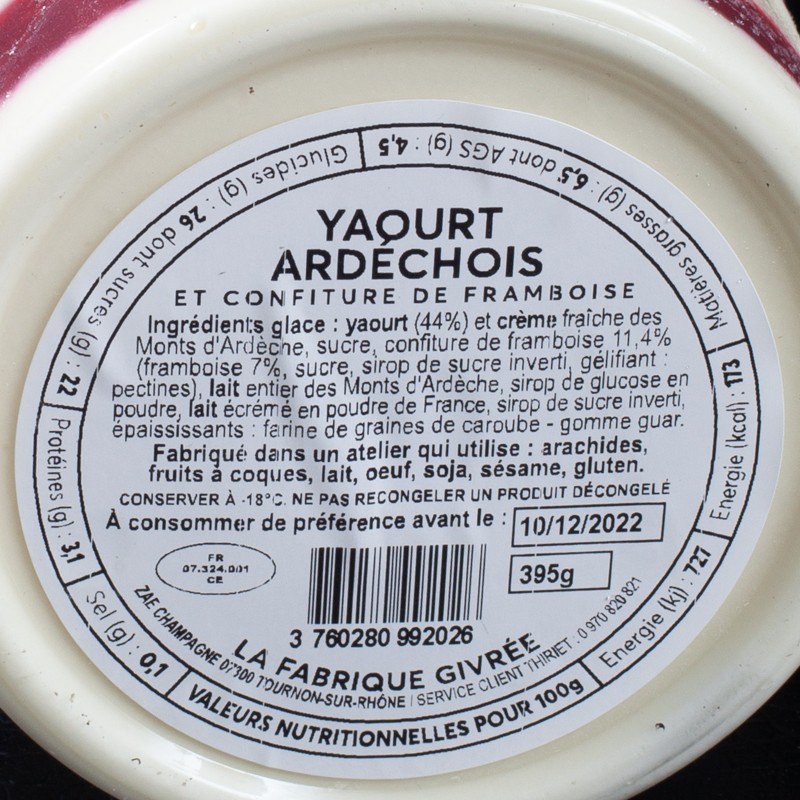 Glace yaourt ardéchois La Fabrique Givrée 500ml  Glaces en pots
