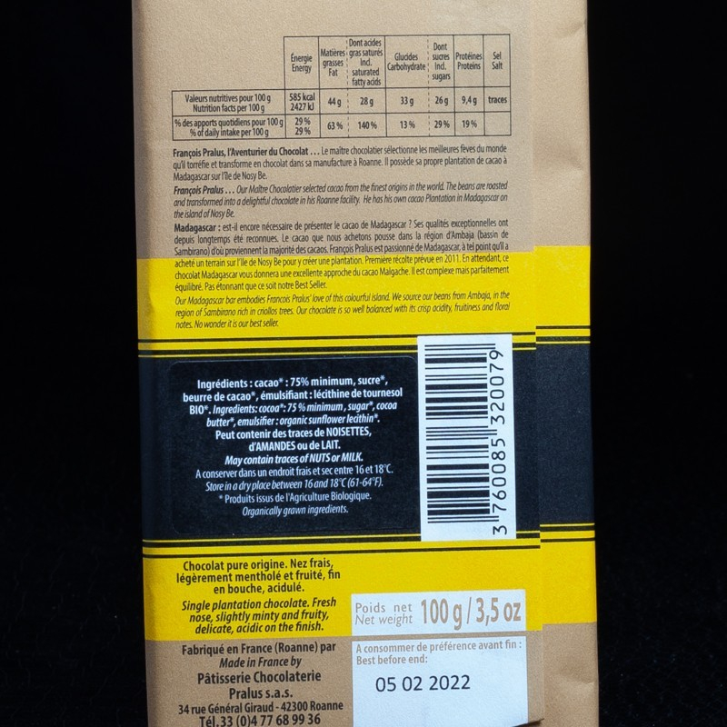 Chocolat noir Madagascar bio 75% 100g Pralus  Tablettes de chocolat